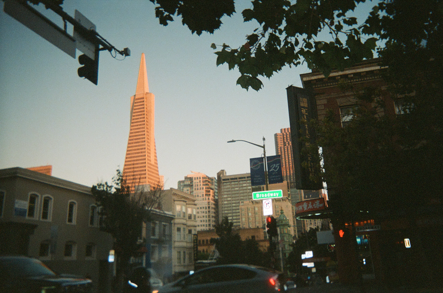 Transamerica Pyramid at dusk from Broadway